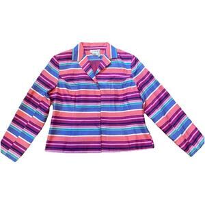PIANO Vintage Silk Button Up Shirt Jacket Women 14 Colorful Stripes Preppy Artsy